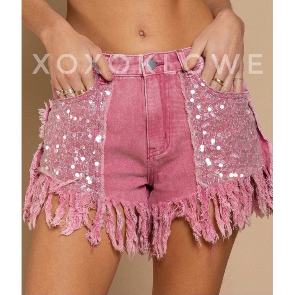 Sparkle Embellished Fringe Distressed Denim Shorts - Picture 15 of 15